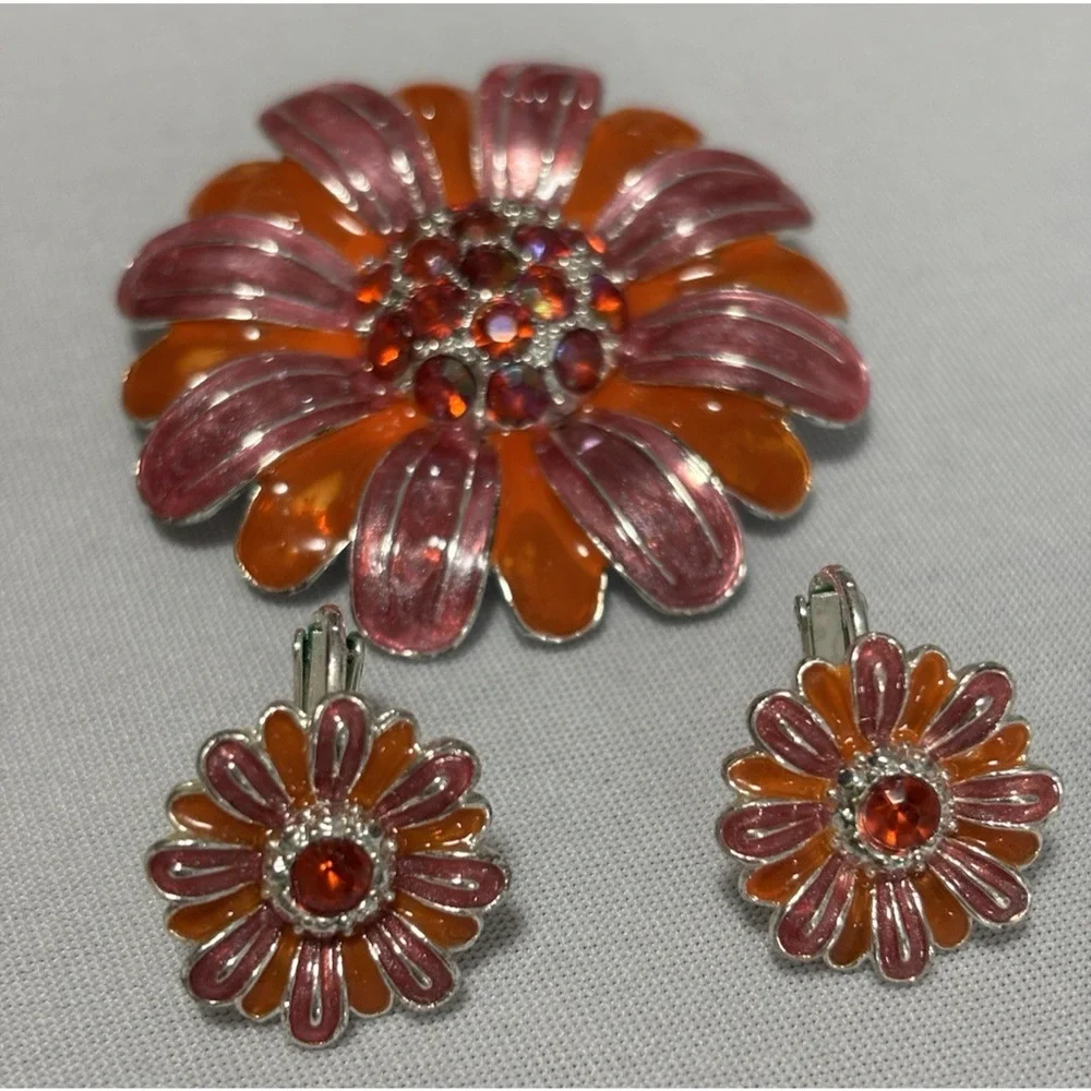 Vintage Orange Pink Rhinestone Flower Pin‎ Clip On Earring Set Colorful Spring